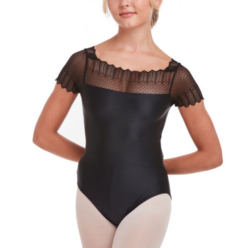 Cap Sleeve Leotard with Scalloped Lace Yoke
