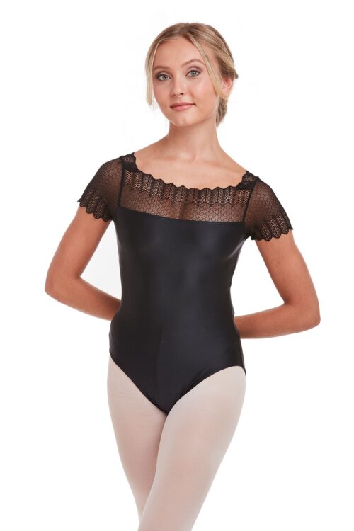 55243069 Cap Sleeve Leotard with Scalloped Lace Yoke