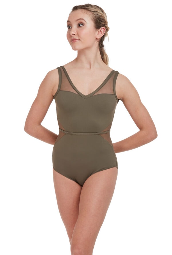 31514-khaki-front (1) V-Neck Mesh Panel Leotard