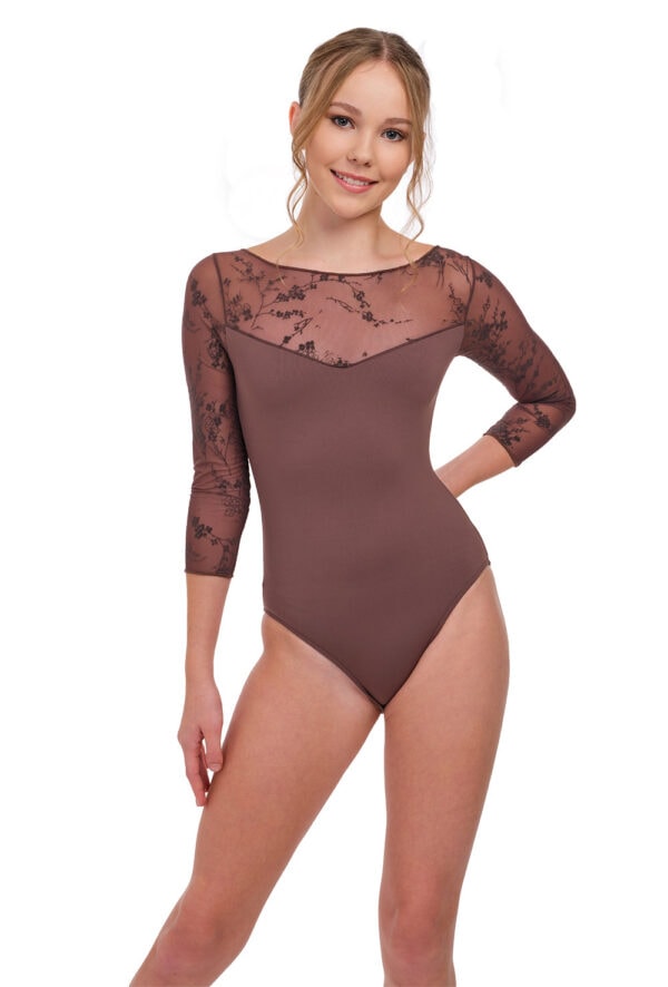 Gina - 3/4 Sleeve Flocked Tulle Boat Neck Leotard