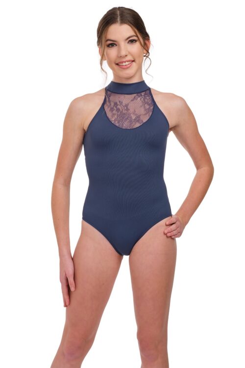 31719-Greta-front-blue Greta - Halter Lace Yoke Leotard