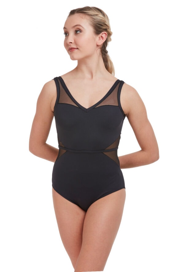 int-31514-blk-frsont V-Neck Mesh Panel Leotard