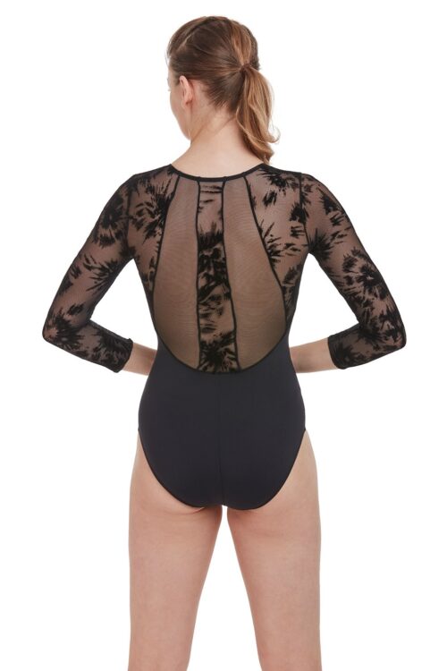 3/4 Sleeve Flocked Mesh Leotard with Zip