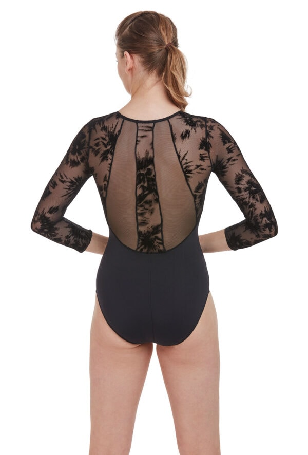 3/4 Sleeve Flocked Mesh Leotard with Zip