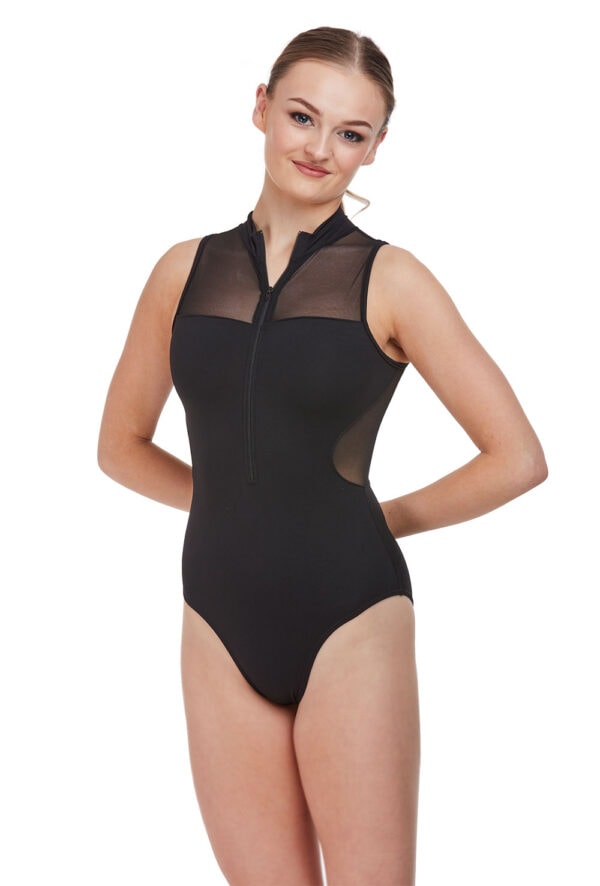rde-1809-black-blk-front Polo Zip Front Mesh Leotard