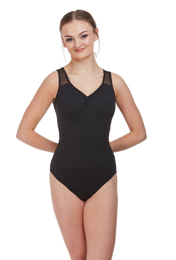 rde-1958-black-front Tank Y-shaped Mesh Back Leotard