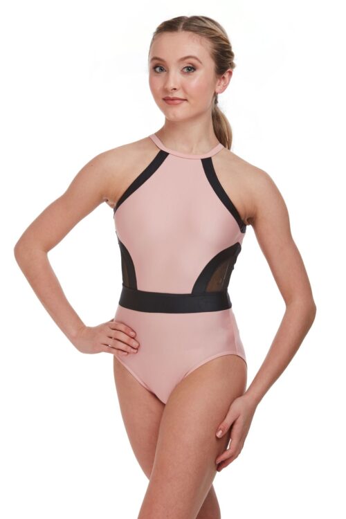 rde-2022lc-petal-pink-front Mesh Side Insert Halter Leotard