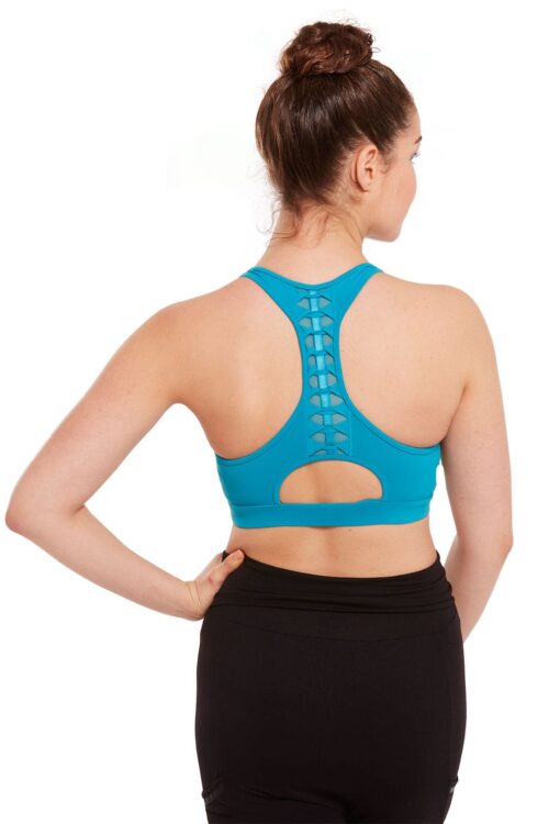 z6045-teal-bacl Spliced Twist Back Crop Top