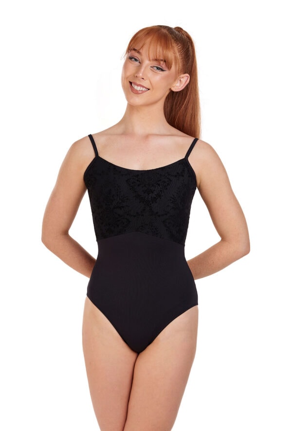 31587-blkack-front Bodymernilastap - Camisole Flock Mesh Leotard