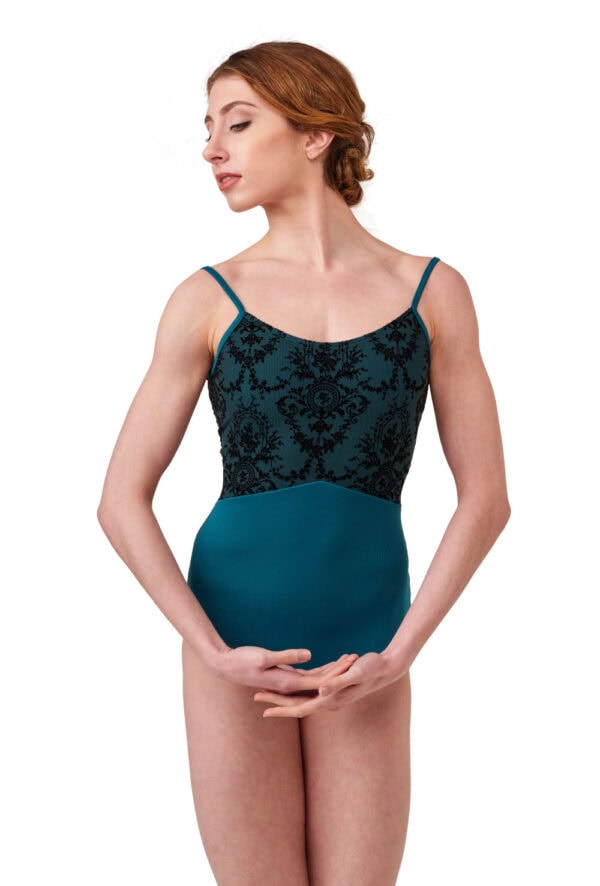 flock-mesh-cami-teal-front Bodymernilastap - Camisole Flock Mesh Leotard