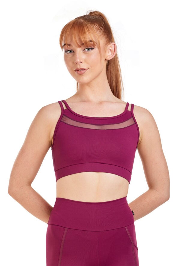 6573-burg-front Double Strap Crop Top with Mesh