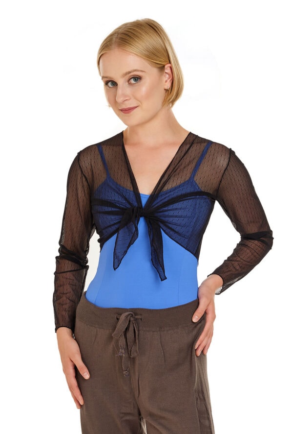 6287-front Polka Dot Mesh Wrap Top