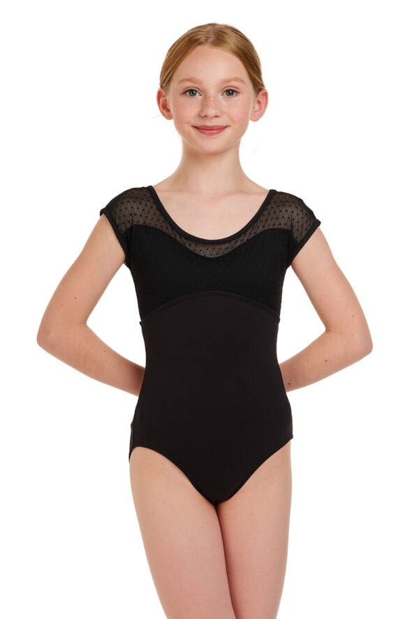 L-12385ME-front Girls Diamond and Spot Mesh Cap Sleeve Leotard