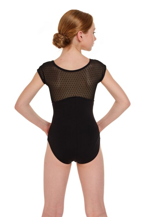 L-1385ME-back Girls Diamond and Spot Mesh Cap Sleeve Leotard