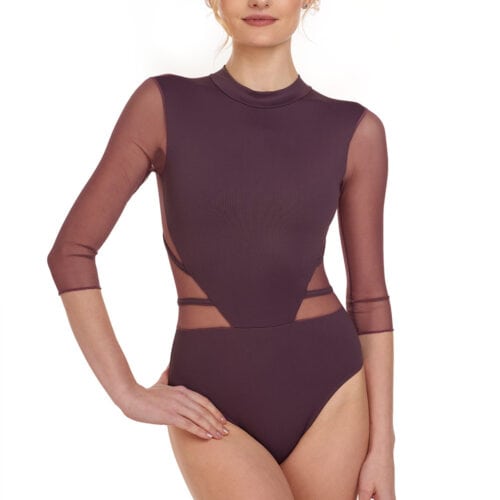 Adela - Turtleneck Leotard with 3/4 Sleeves and Piped Mesh Detail