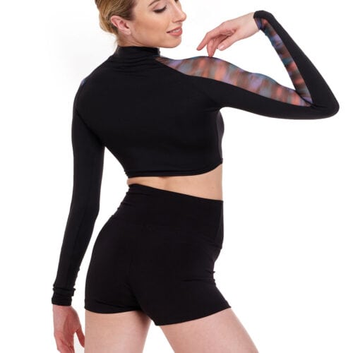 Long Sleeve Crop Top with Blur Print Mesh Panel