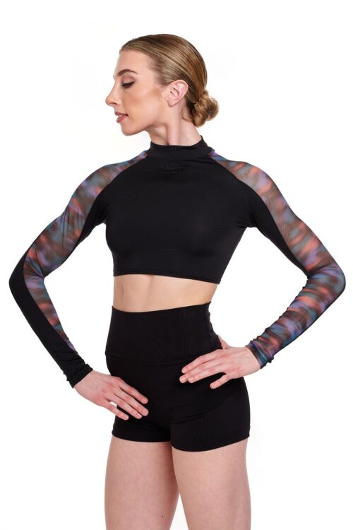 Long Sleeve Crop Top with Blur Print Mesh Panel