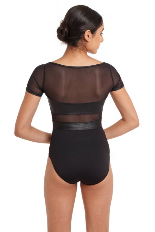 Reika - Cap Sleeve Leotard with Faux Leather Panelled Bodice