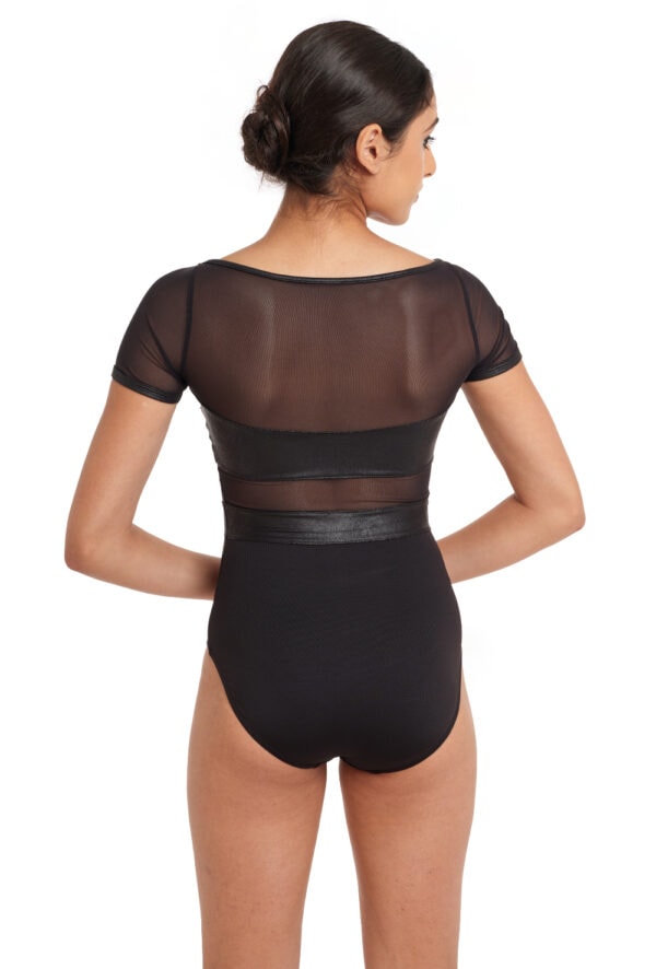 Reika - Cap Sleeve Leotard with Faux Leather Panelled Bodice