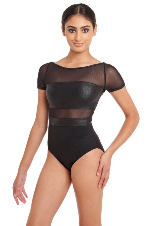 Reika - Cap Sleeve Leotard with Faux Leather Panelled Bodice