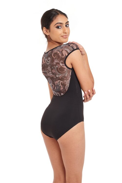 M5101LM-blk-back Cap Sleeve Leotard with Paisley Mesh Back