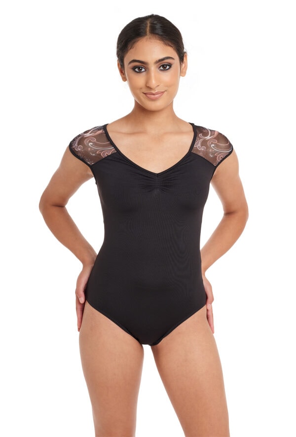 Cap Sleeve Leotard with Paisley Mesh Back