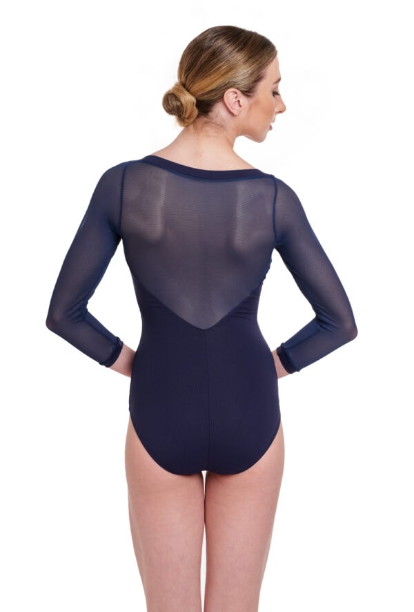 SL129-navy-back Sweetheart Leotard with Long Mesh Sleeves