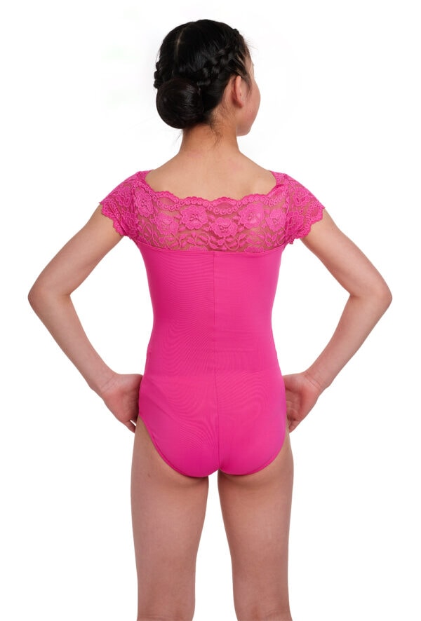 SL17-geranium-back Girls Cap Sleeve Scallop Lace Top Leotard