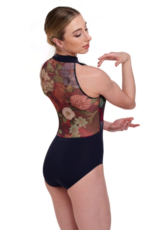 Hazel-back Hazel - Floral Mesh High Neck Leotard with Keyhole Front