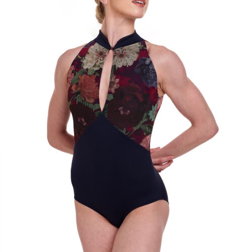 Hazel - Floral Mesh High Neck Leotard with Keyhole Front