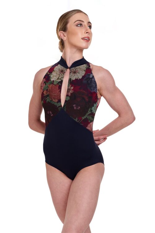 Hazel - Floral Mesh High Neck Leotard with Keyhole Front