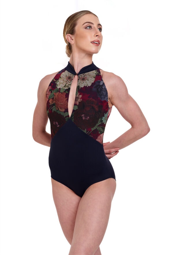 hazel-front Hazel - Floral Mesh High Neck Leotard with Keyhole Front