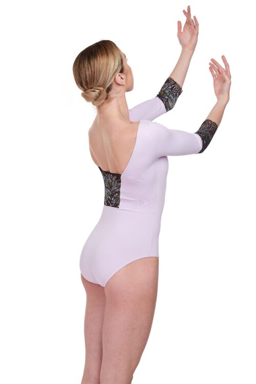 Christina-lilac-side Christina Lace Trim 3/4 Sleeve Leotard