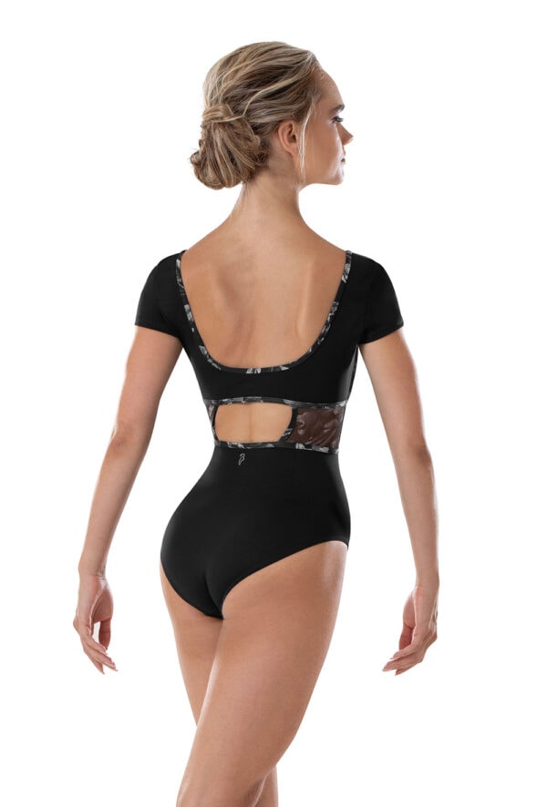 L4292_BLK_BACK Mia Cap Sleeve Leotard with Ruched Mesh Bust