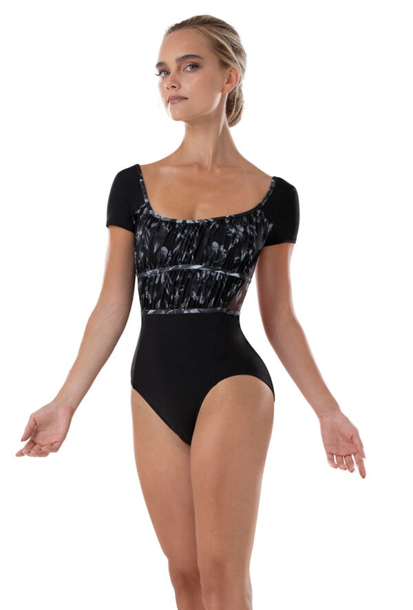 L4292_BLK_FRONT Mia Cap Sleeve Leotard with Ruched Mesh Bust